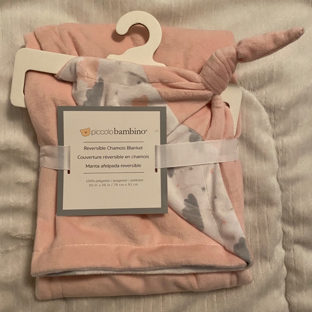 New Piccolo Bambino Pink White Knotted Corner Reversible Chamois Baby Blanket